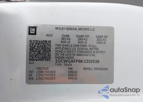 2019 Chevrolet Express 2500 Work Van из США, поврежденный, VIN 1GCWGAFP8K1332538